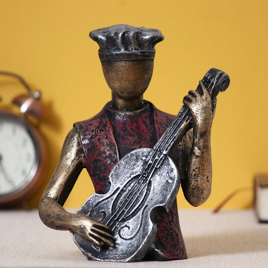 Man Figurine with Hat playing Guitar Musical Instrument (Brown, Silver and Golden) Kafalo
