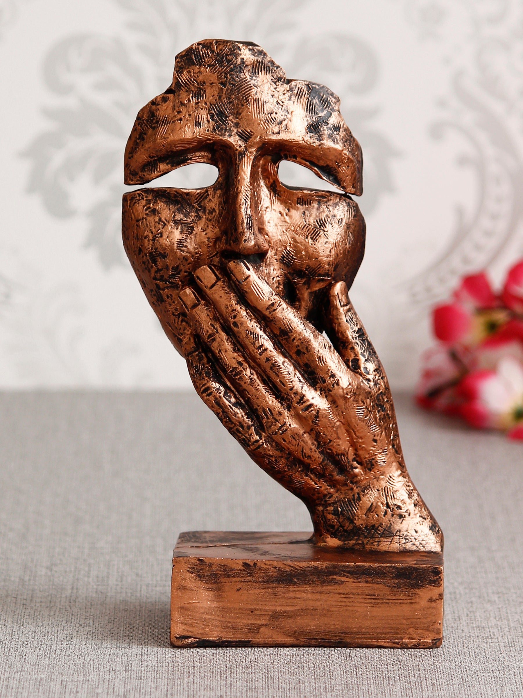 Polyresin Brown Human Face Sculpture Hand on Mouth Handcrafted Decorative Showpiece Kafalo