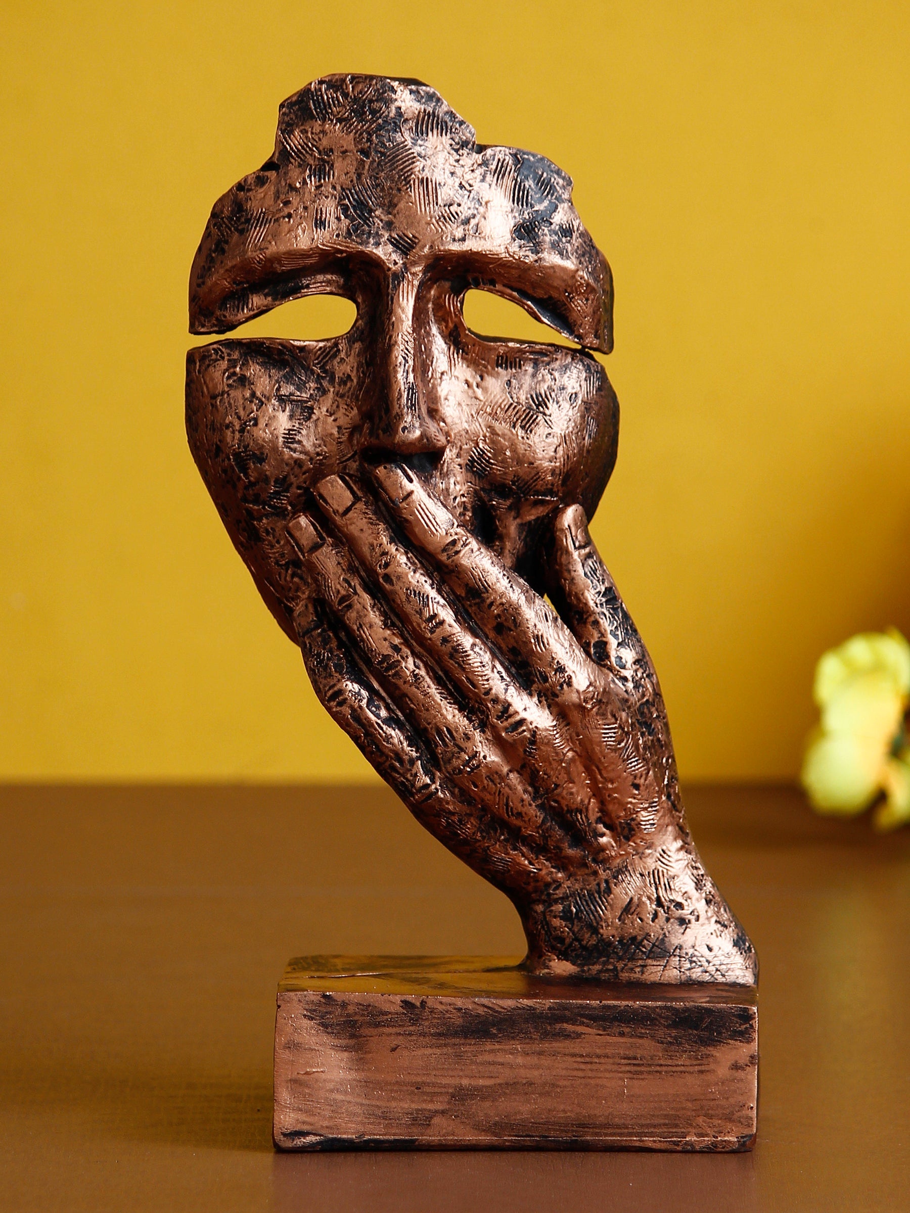 Polyresin Brown Human Face Sculpture Hand on Mouth Handcrafted Decorative Showpiece Kafalo