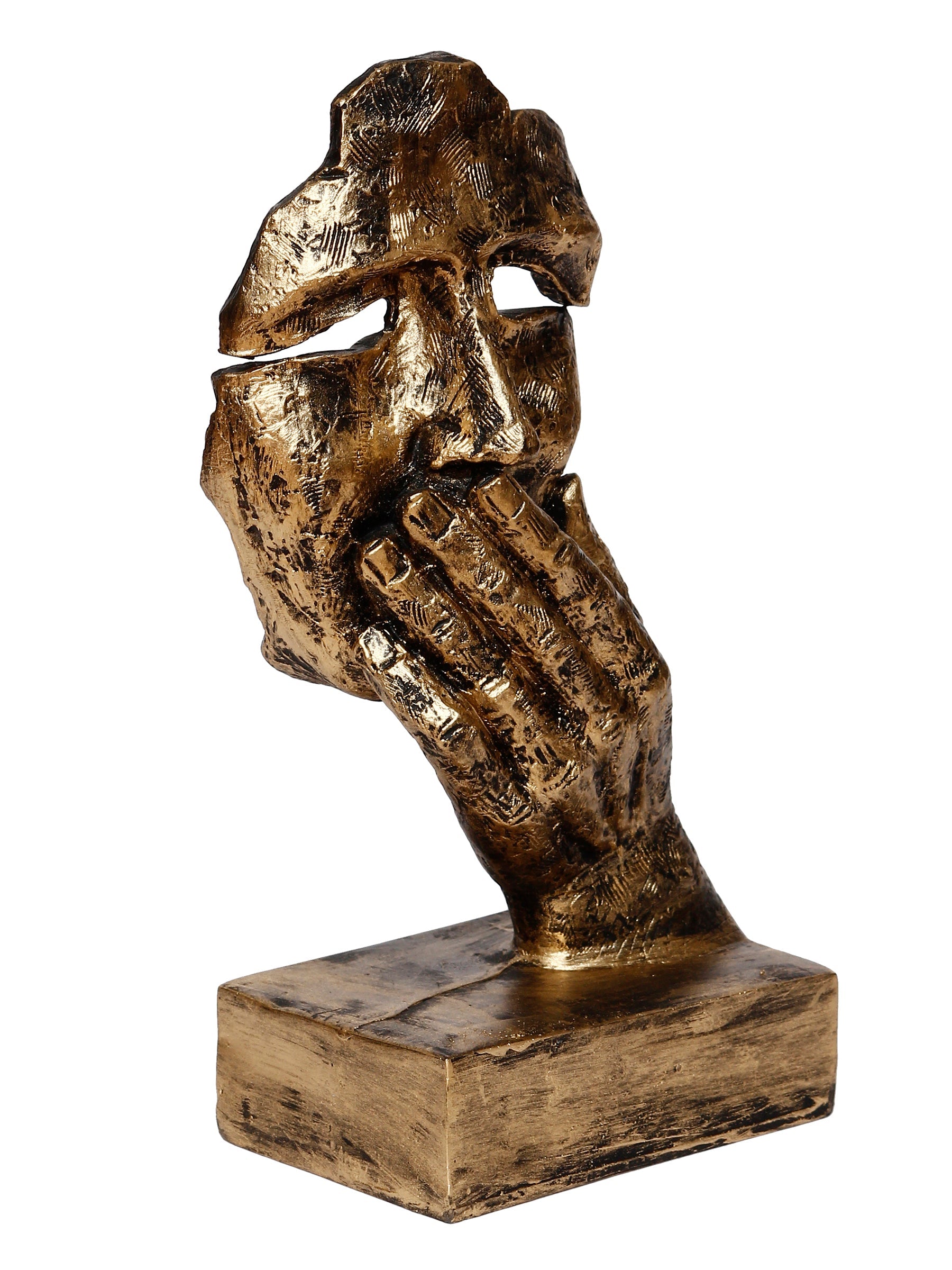 Polyresin Golden Human Face Statue Hand on Mouth Handcrafted Decorative Showpiece Kafalo