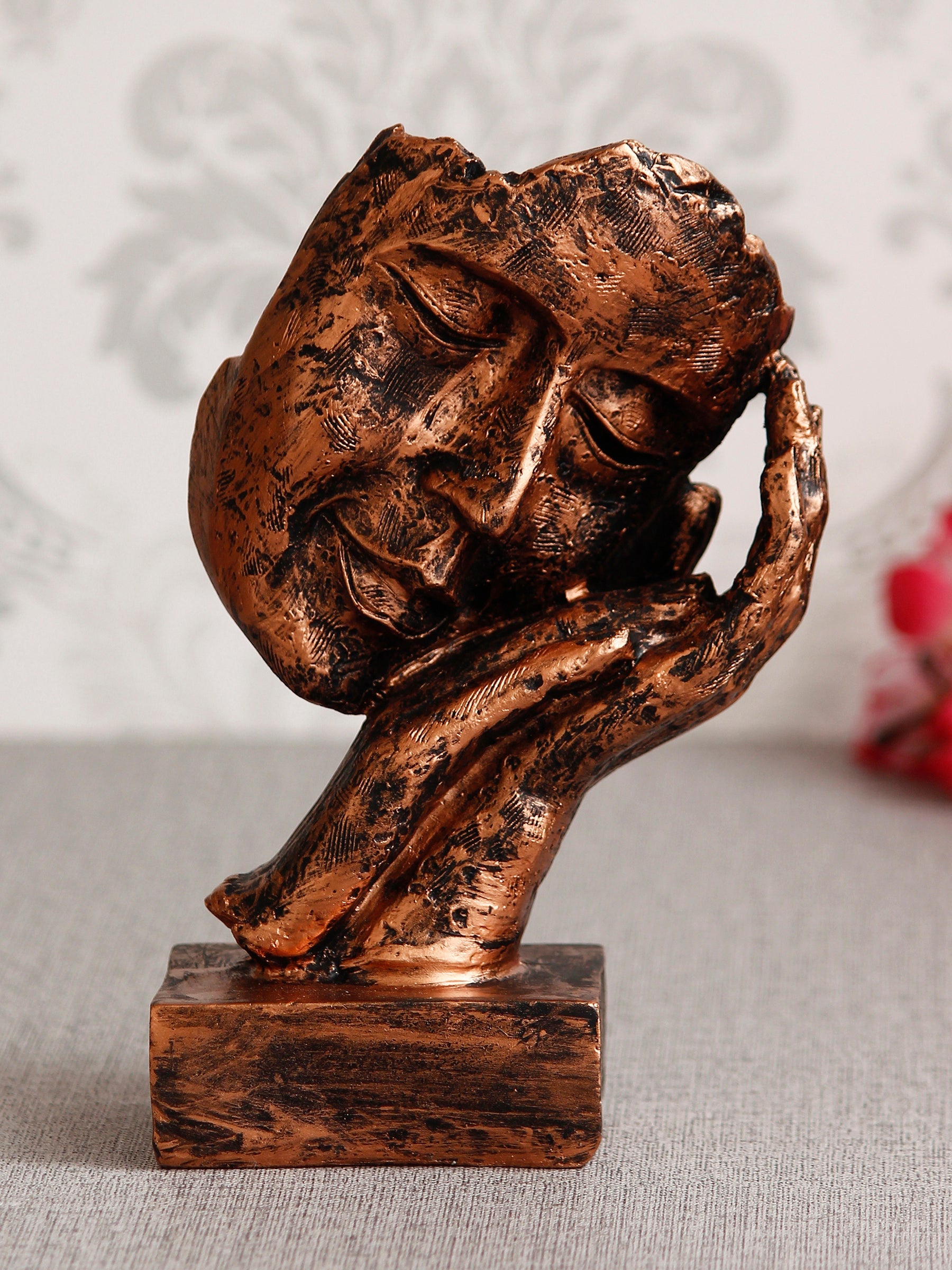 Polyresin Brown Human Face Sculpture Sleeping on Hands Handcrafted Decorative Showpiece Kafalo