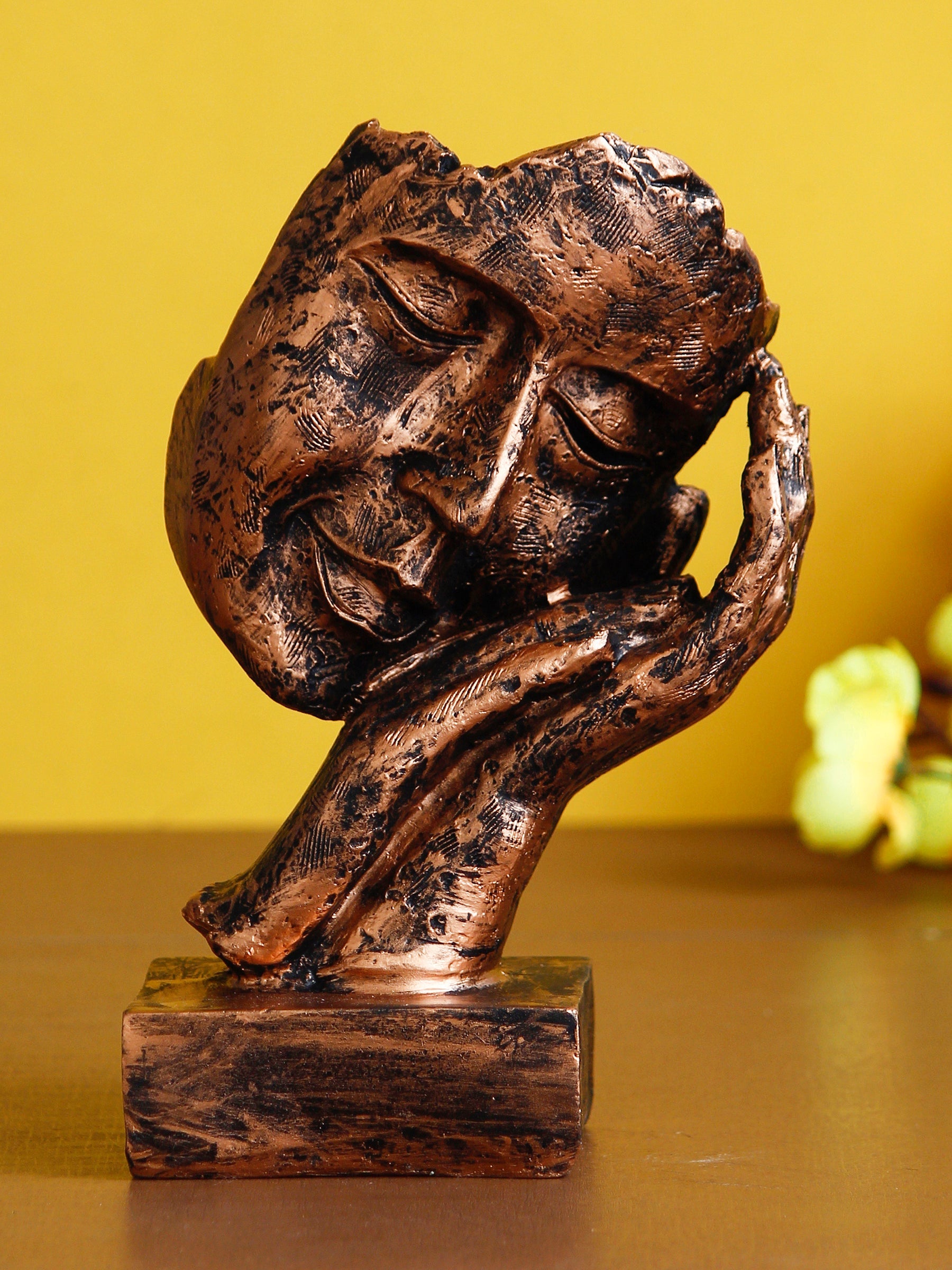 Polyresin Brown Human Face Sculpture Sleeping on Hands Handcrafted Decorative Showpiece Kafalo