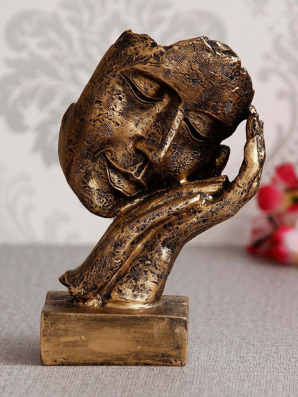 Polyresin Golden Human Face Statue Sleeping on Hands Handcrafted Decorative Showpiece Kafalo