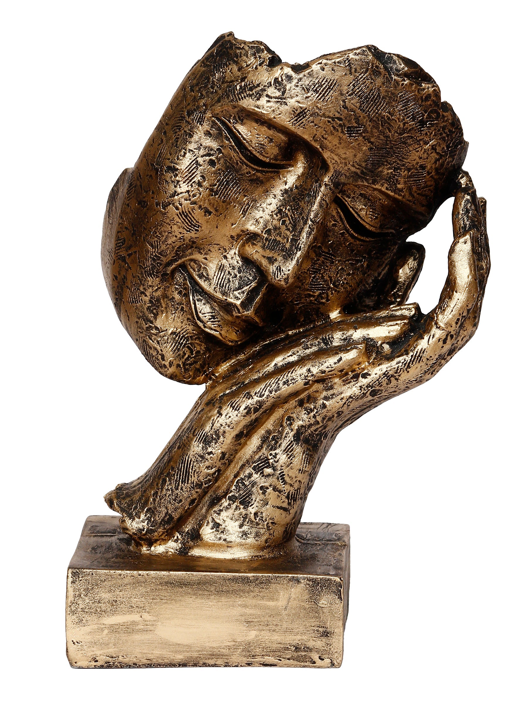 Polyresin Golden Human Face Statue Sleeping on Hands Handcrafted Decorative Showpiece Kafalo