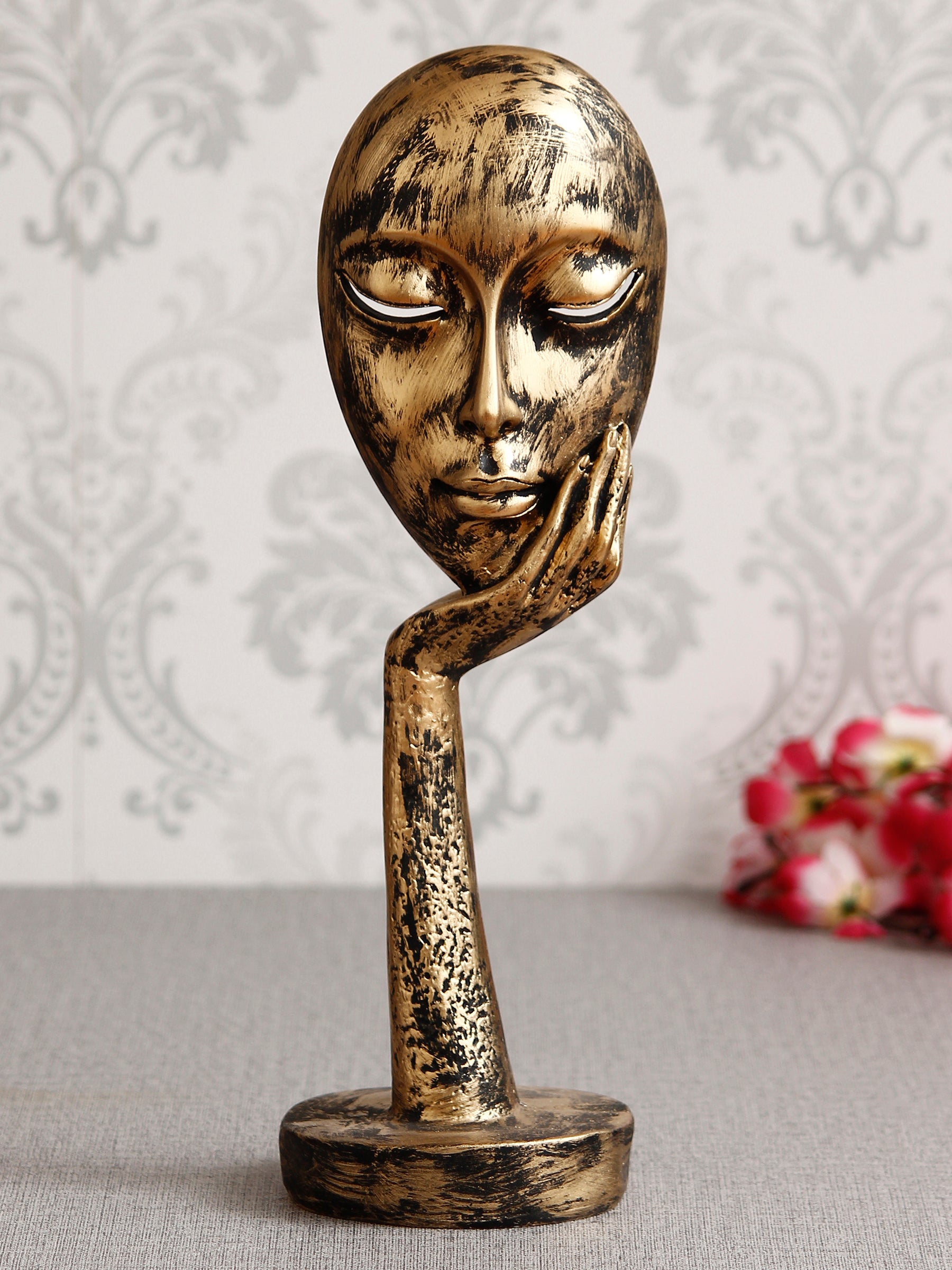 Golden Polyresin Handcrafted Antique Look Thinking Lady Face Showpiece, Human Figurine Kafalo
