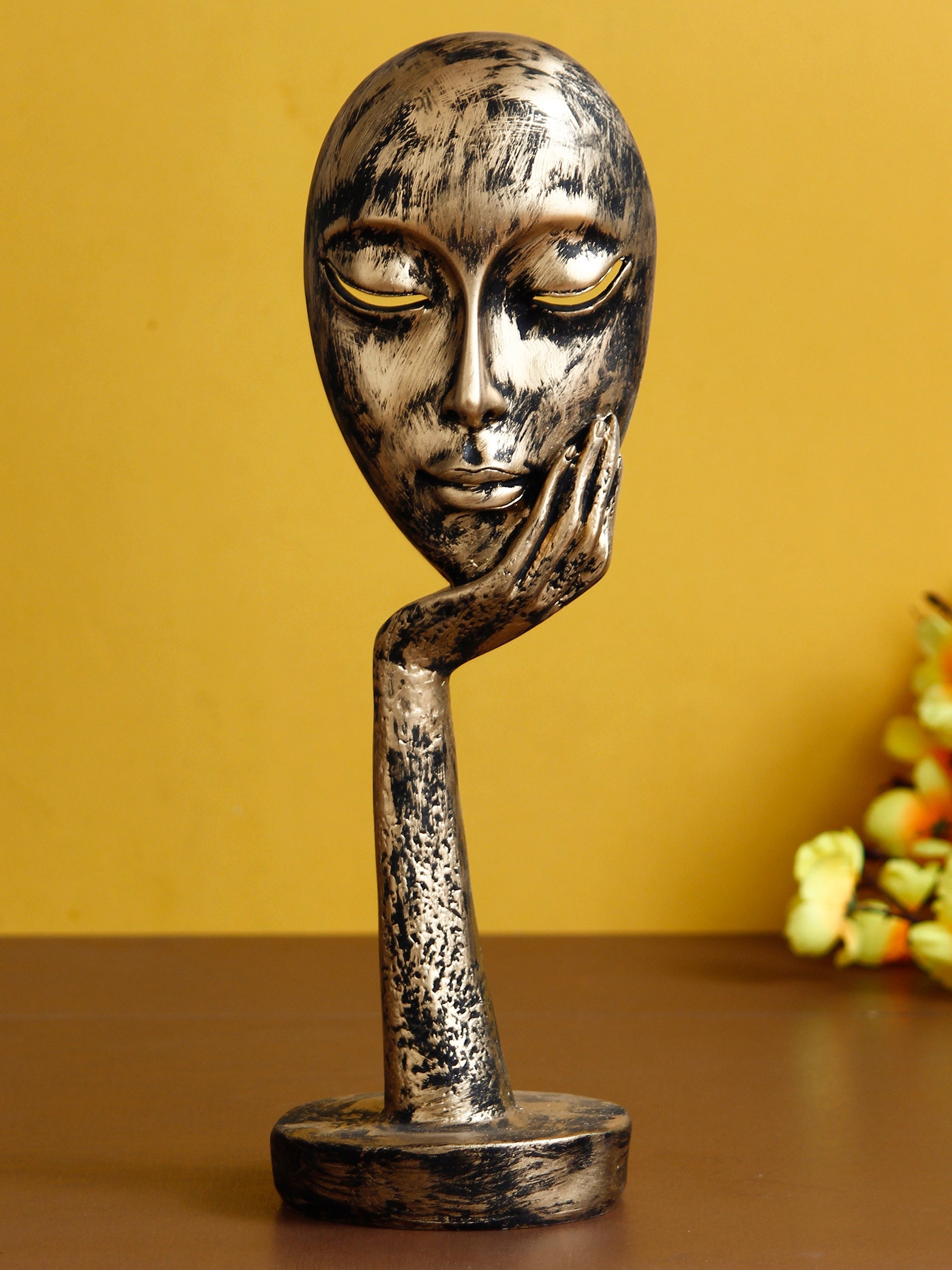 Golden Polyresin Handcrafted Antique Look Thinking Lady Face Showpiece, Human Figurine Kafalo