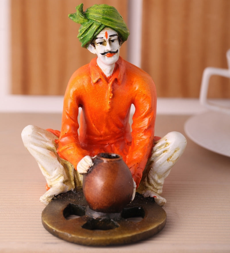Polyresin Rajasthani Craftsman Statue Making Pot Handcrafted Decorative Showpiece(Orange and Green) Kafalo