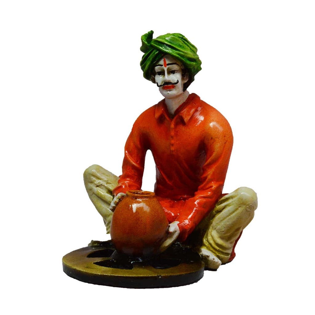 Polyresin Rajasthani Craftsman Statue Making Pot Handcrafted Decorative Showpiece(Orange and Green) Kafalo