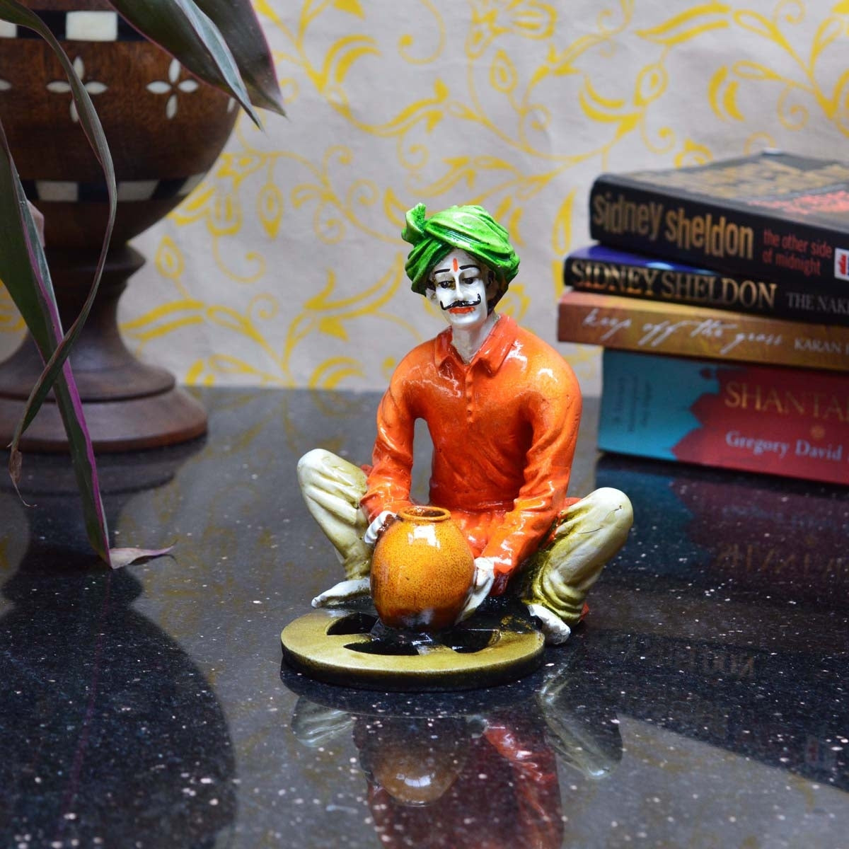 Polyresin Rajasthani Craftsman Statue Making Pot Handcrafted Decorative Showpiece(Orange and Green) Kafalo