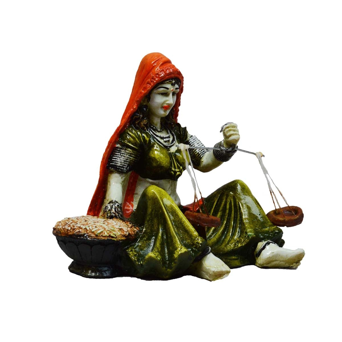 Polyresin Rajasthani Lady Statue with Weighing Scale Handcrafted Decorative Showpiece(Orange and Green) Kafalo