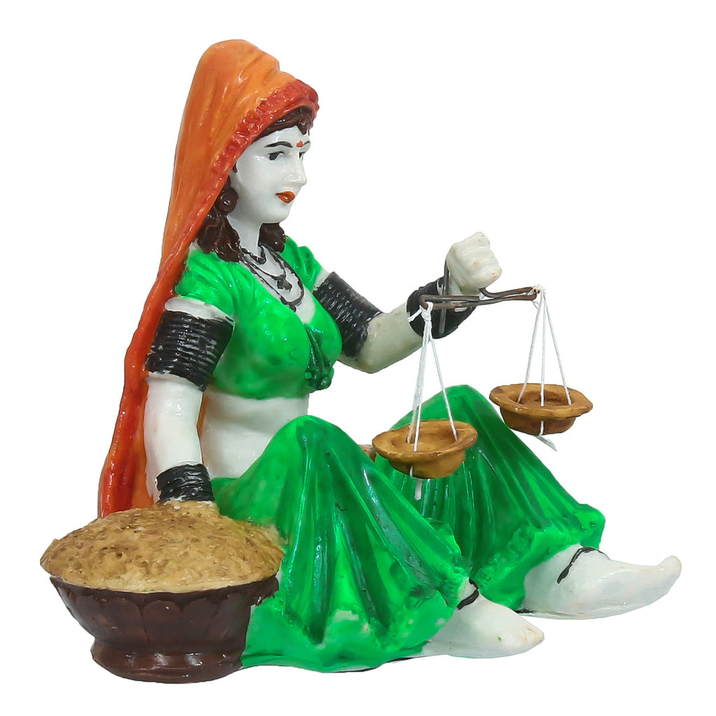 Polyresin Rajasthani Lady Statue with Weighing Scale Handcrafted Decorative Showpiece(Orange and Green) Kafalo