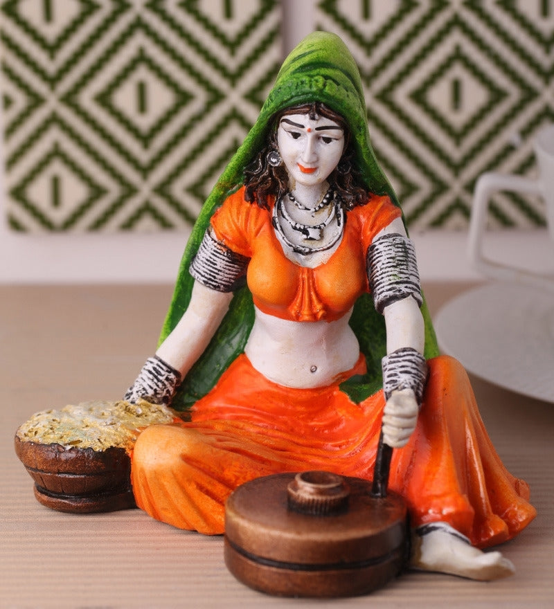 Polyresin Rajasthani Lady using Flour Machine Handcrafted Decorative Showpiece ( Orange, Green and Brown ) Kafalo