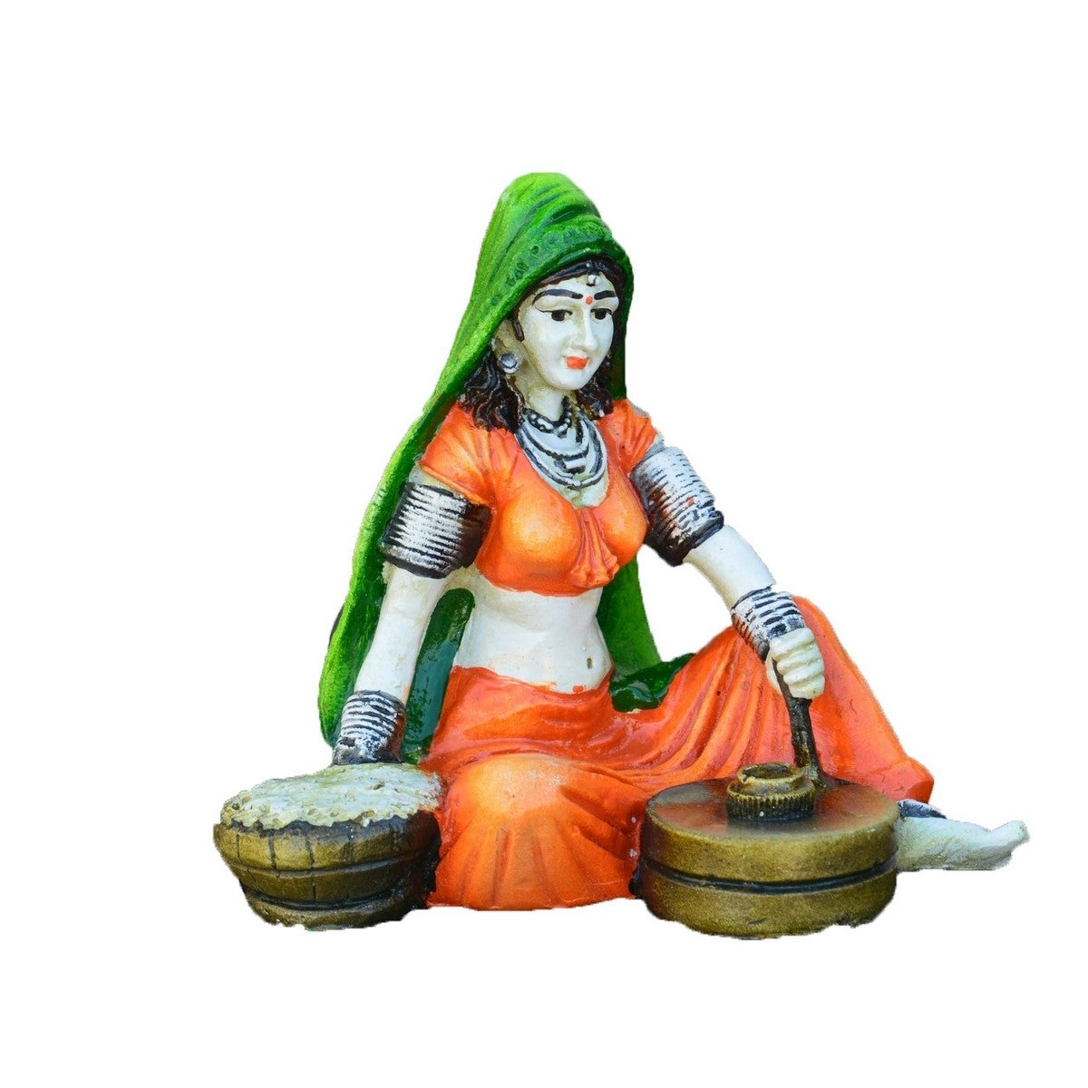 Polyresin Rajasthani Lady using Flour Machine Handcrafted Decorative Showpiece ( Orange, Green and Brown ) Kafalo