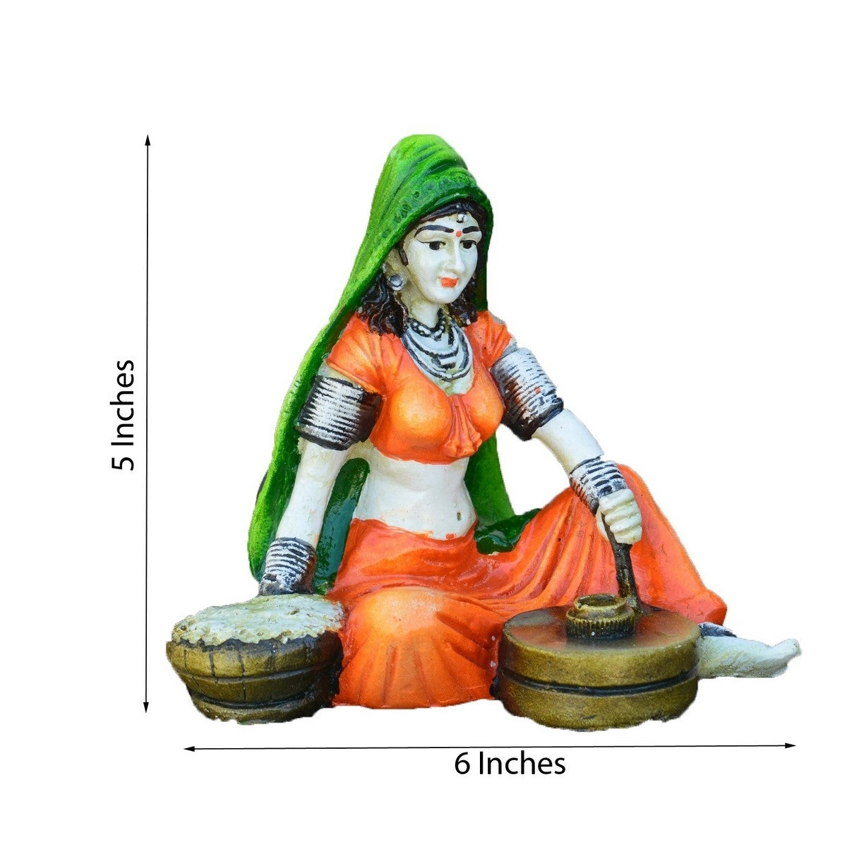 Polyresin Rajasthani Lady using Flour Machine Handcrafted Decorative Showpiece ( Orange, Green and Brown ) Kafalo