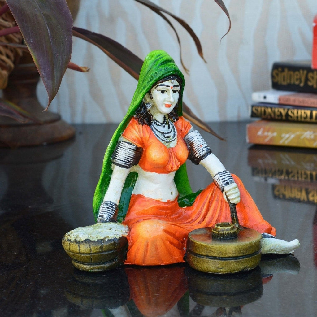 Polyresin Rajasthani Lady using Flour Machine Handcrafted Decorative Showpiece ( Orange, Green and Brown ) Kafalo