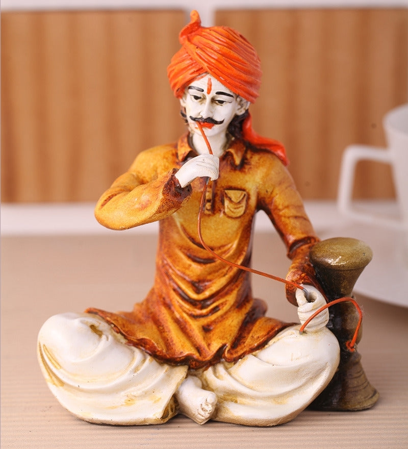 Polyresin Rajasthani Man Using Hookah Handcrafted Decorative Showpiece (Yellow, Orange and Brown) Kafalo