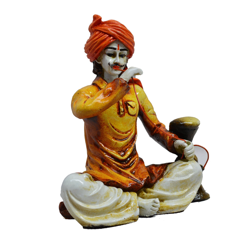 Polyresin Rajasthani Man Using Hookah Handcrafted Decorative Showpiece (Yellow, Orange and Brown) Kafalo
