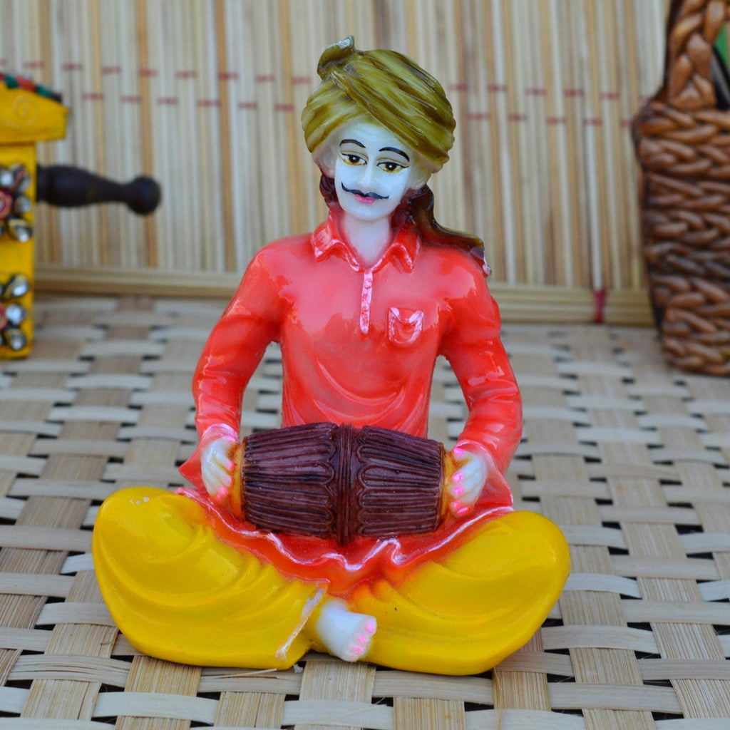 Polyresin Rajasthani Musician Men Statue Playing Dholak Human Figurines Home Decor Showpiece Kafalo
