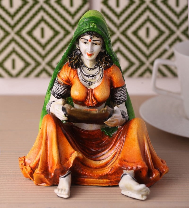 Polyresin Rajasthani Women Statue Human Figurine Decorative Showpiece Kafalo
