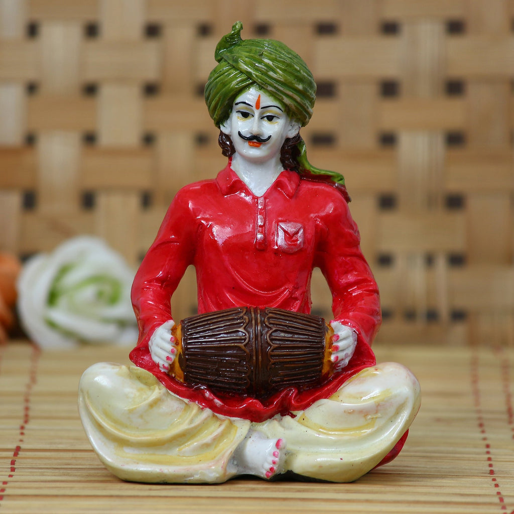 Polyresin Rajasthani Men Playing Dholak Handcrafted Decorative Showpiece (Pink and Green) Kafalo