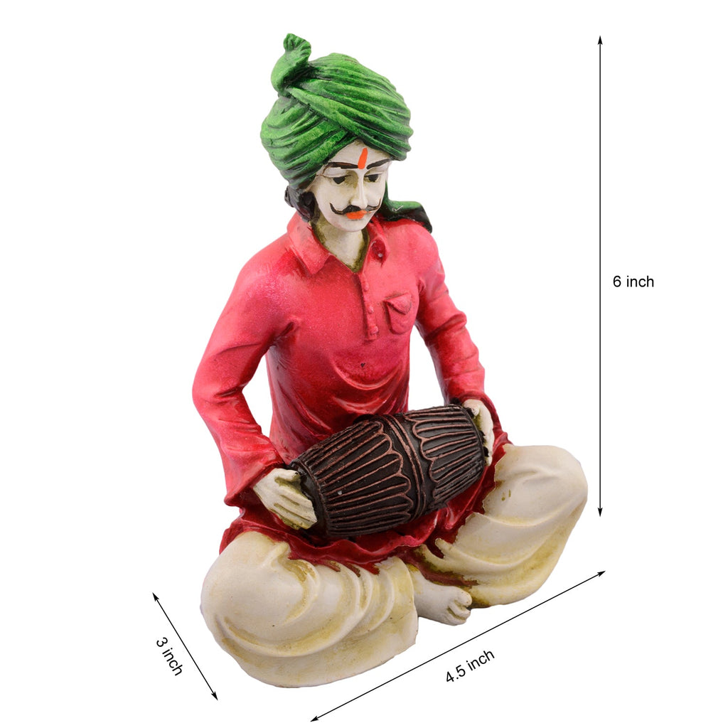 Polyresin Rajasthani Men Playing Dholak Handcrafted Decorative Showpiece (Pink and Green) Kafalo