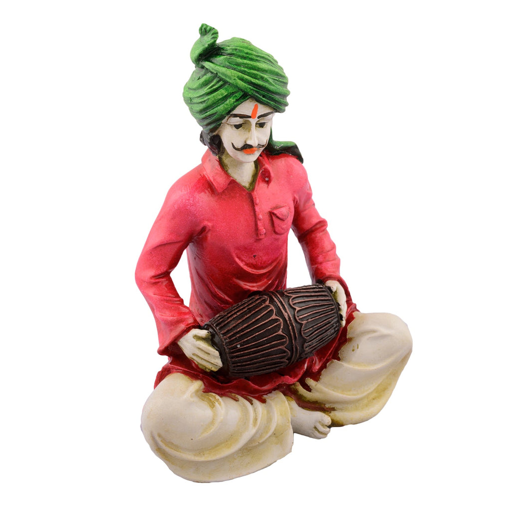 Polyresin Rajasthani Men Playing Dholak Handcrafted Decorative Showpiece (Pink and Green) Kafalo