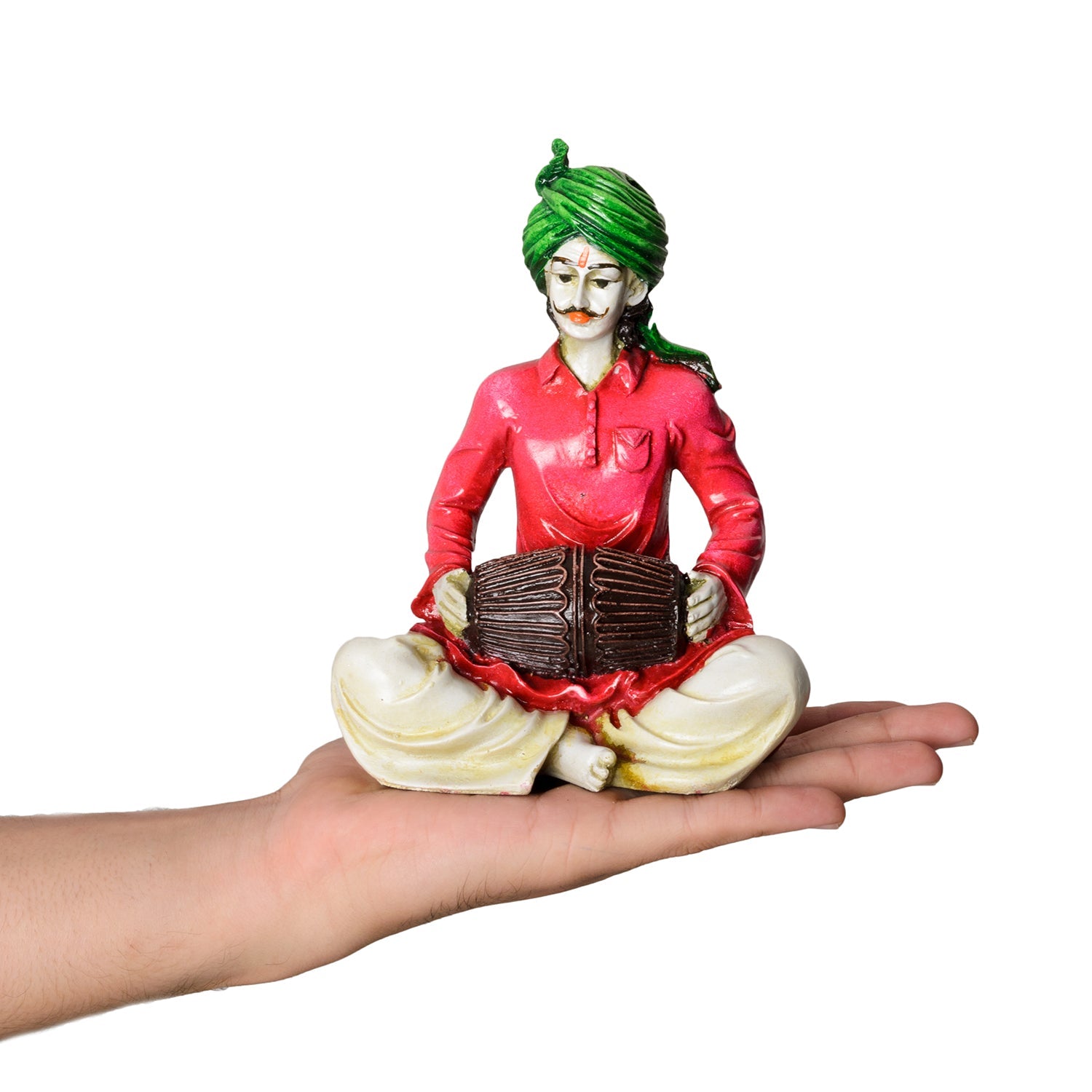 Polyresin Rajasthani Men Playing Dholak Handcrafted Decorative Showpiece (Pink and Green) Kafalo