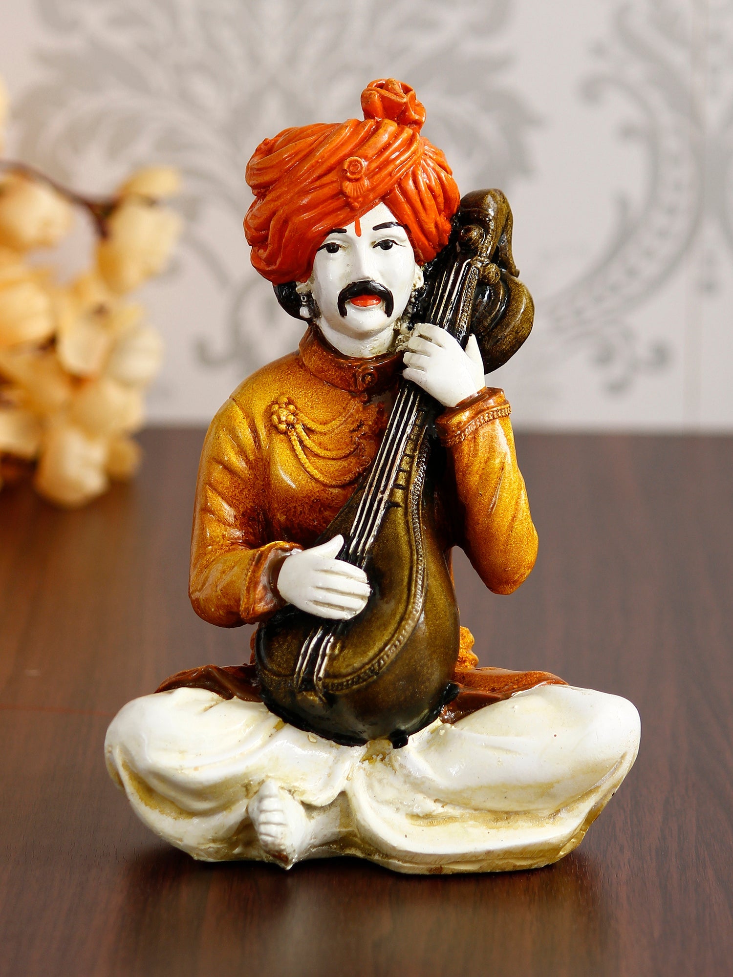 Polyresin Rajasthani Musician Men Statue Playing Sitar Human Figurines Home Decor Showpiece Kafalo