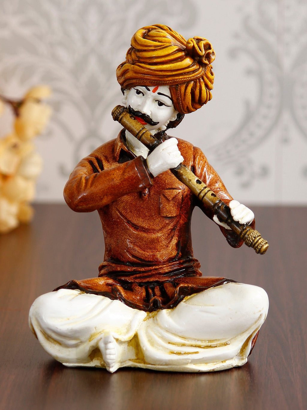 Polyresin Rajasthani Musician Men Statue Playing Flute Human Figurines Home Decor Showpiece Kafalo