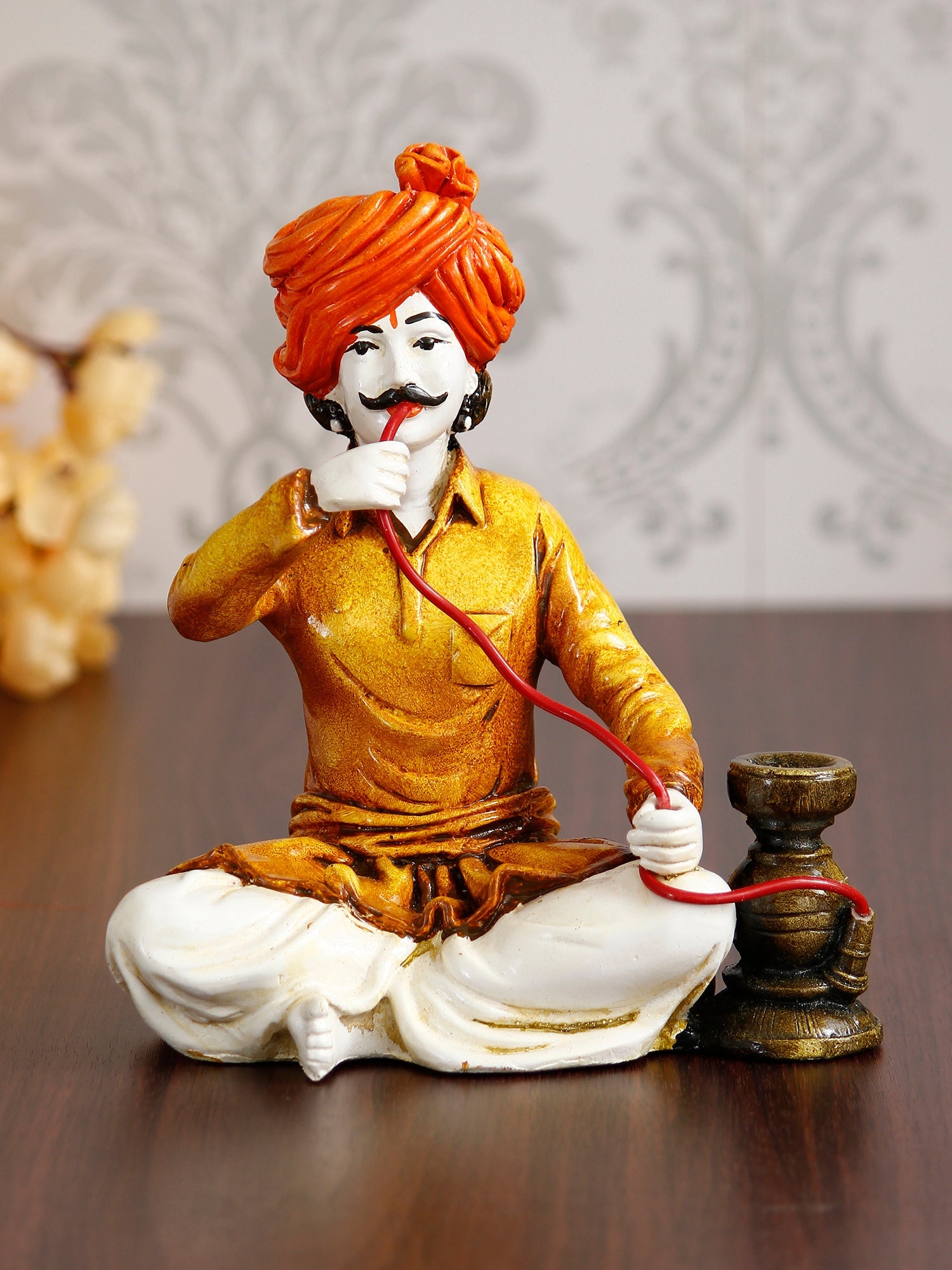 Polyresin Rajasthani Men Statue Using Hookah Decorative Human Figurines Decorative Showpiece Kafalo