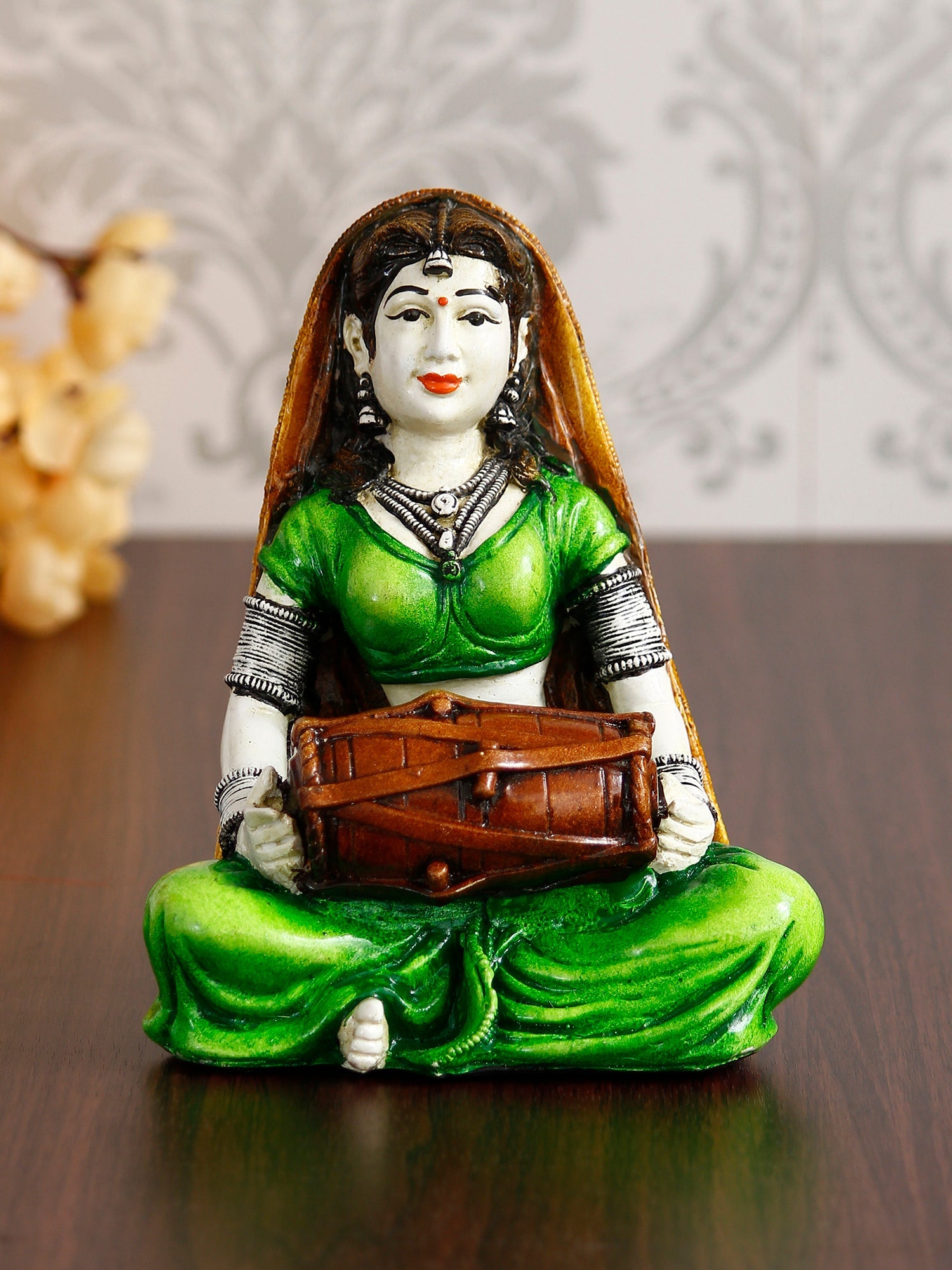 Rajasthani Lady Playing Dholak Handcrafted Decorative Polyresin Showpiece Kafalo