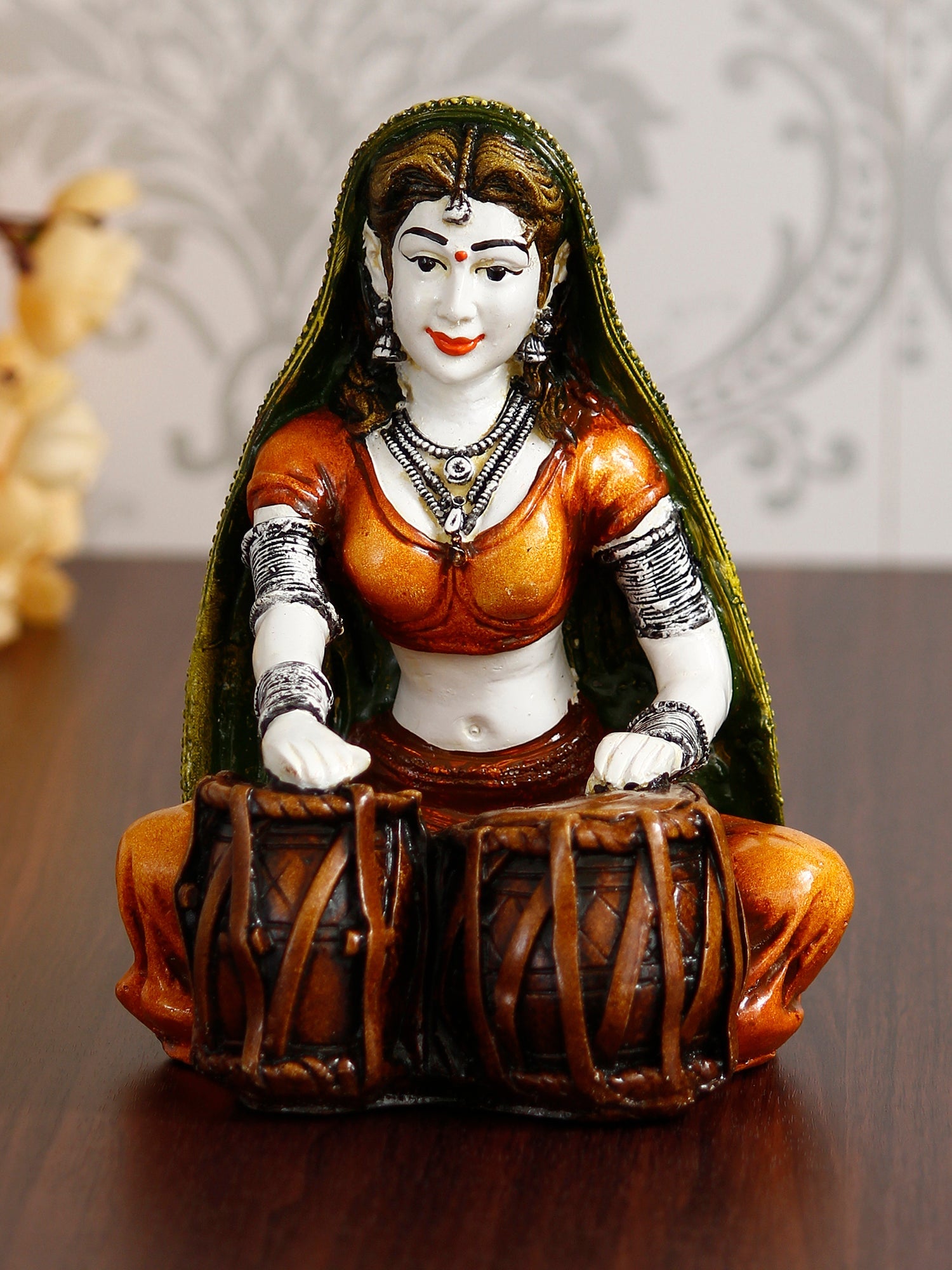 Polyresin Rajasthani Women Playing Tabla Statue Human Figurine Decorative Showpiece Kafalo