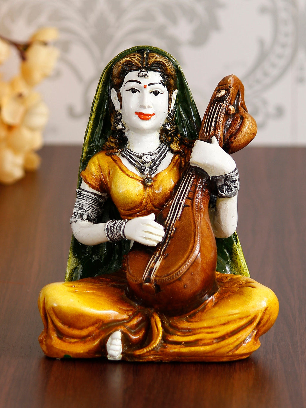 Polyresin Rajasthani Women Playing Sitar Statue Human Figurine Decorative Showpiece Kafalo