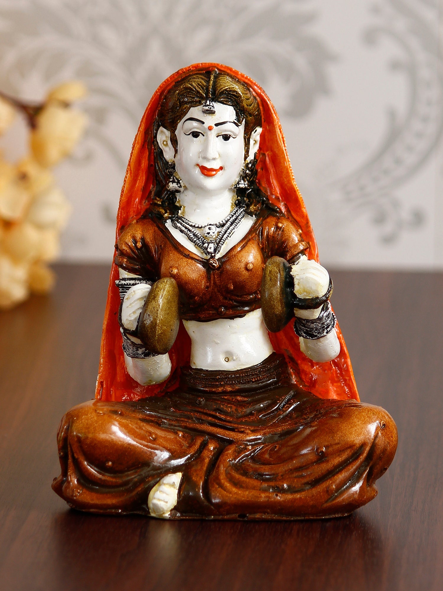 Polyresin Rajasthani Women Statue Playing Hand Cymbals Decorative Human Figurines Home Decor Showpiece Kafalo
