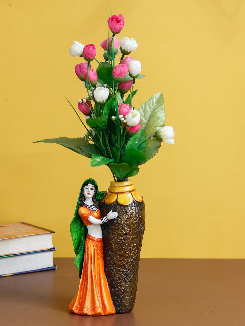 Polyresin Rajasthani Lady Statue With Flower Pot Handcrafted Human Figurine Decorative Showpiece Kafalo