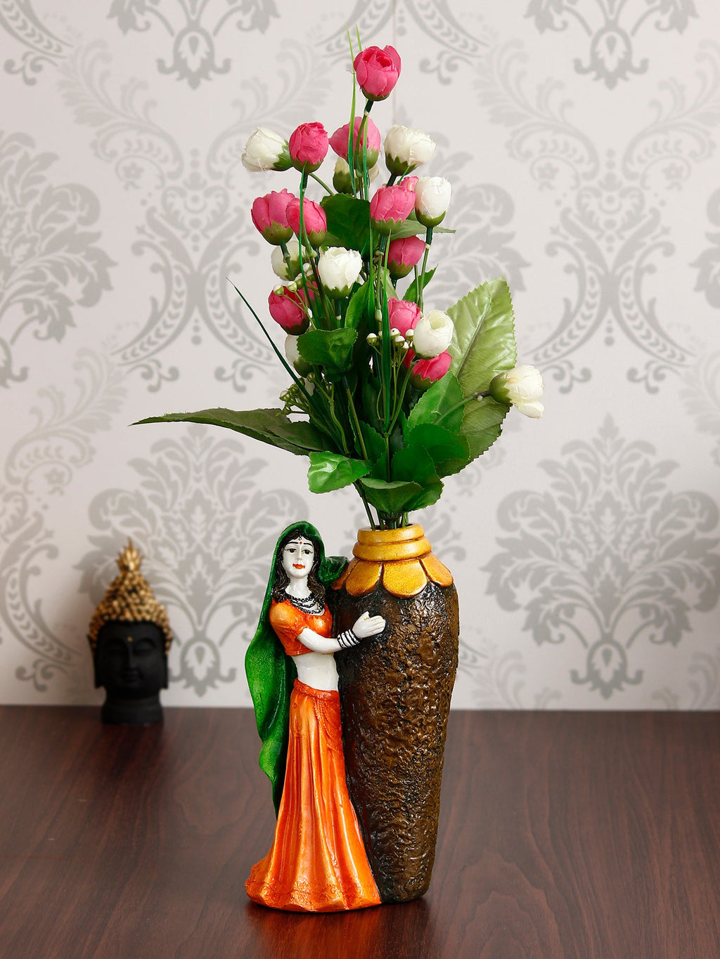Polyresin Rajasthani Lady Statue With Flower Pot Handcrafted Human Figurine Decorative Showpiece Kafalo