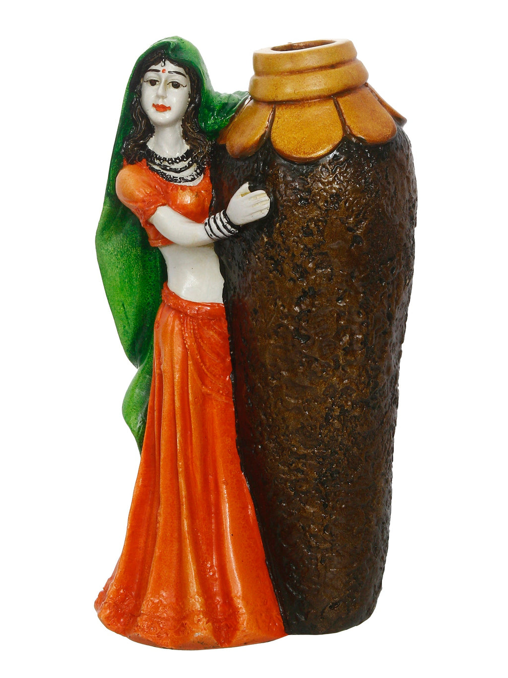 Polyresin Rajasthani Lady Statue With Flower Pot Handcrafted Human Figurine Decorative Showpiece Kafalo