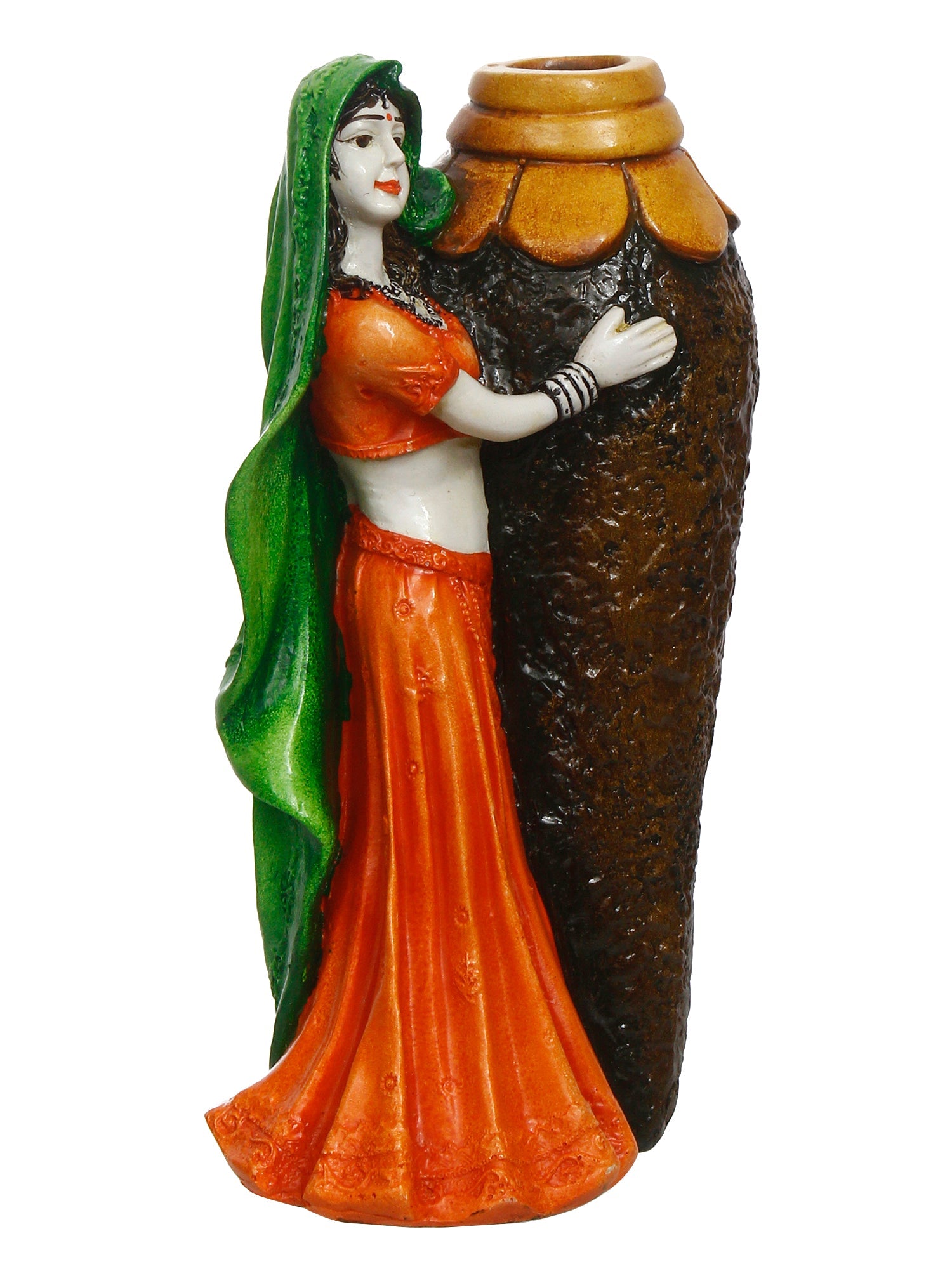 Polyresin Rajasthani Lady Statue With Flower Pot Handcrafted Human Figurine Decorative Showpiece Kafalo