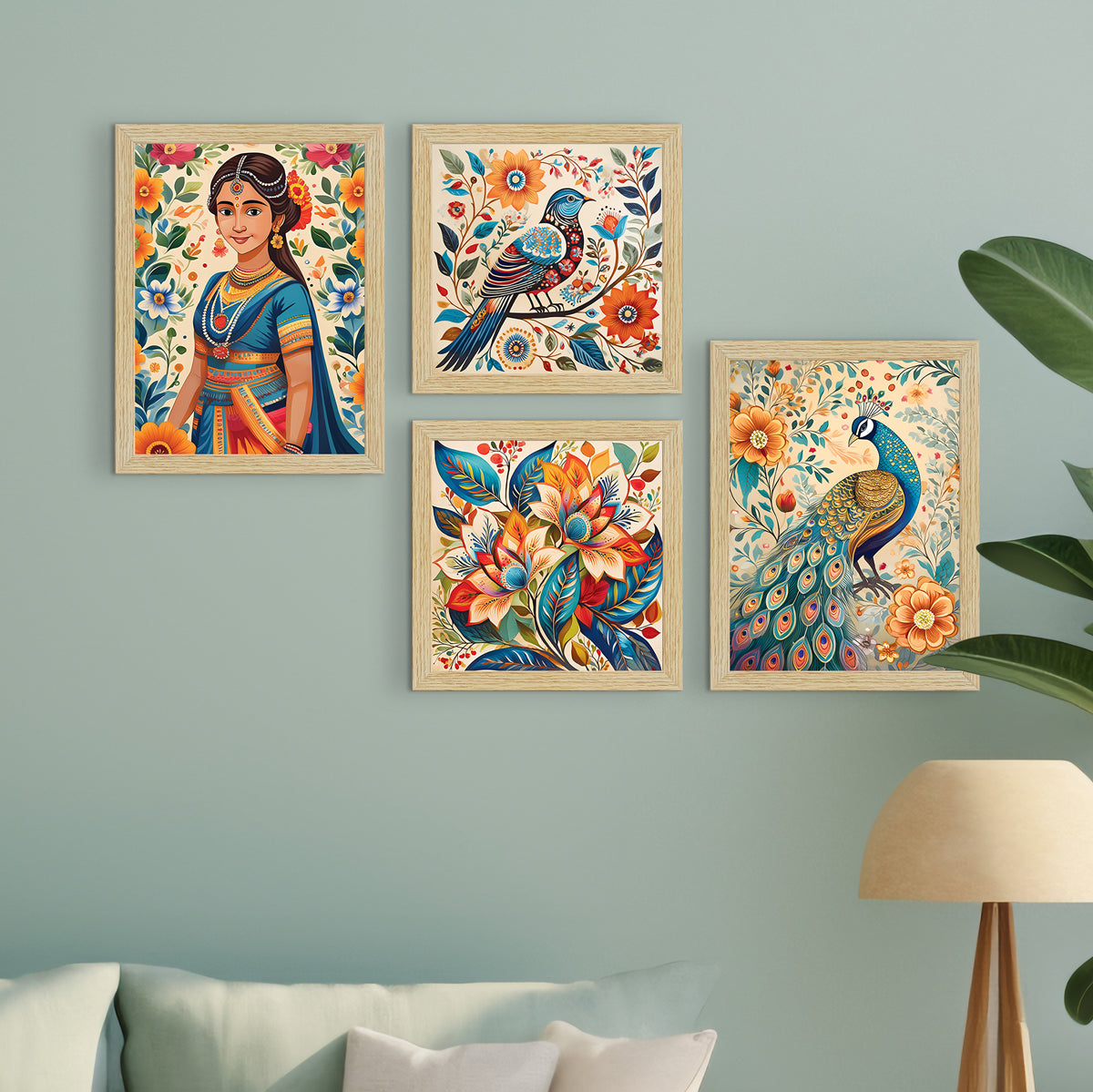 Madhubani Art Paintings, Wall Painting for Living Room, Multicolor, Set of 4 ArtX