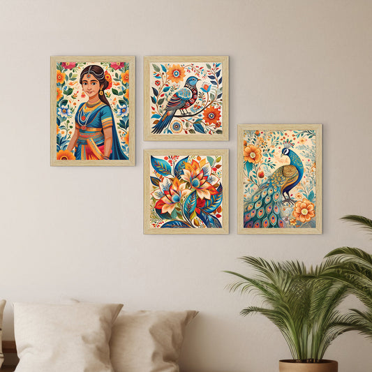 Madhubani Art Paintings, Wall Painting for Living Room, Multicolor, Set of 4