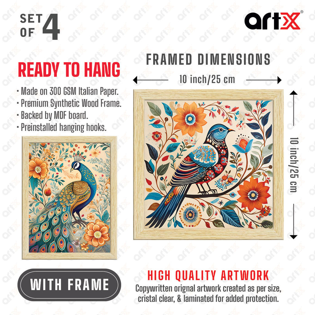 Madhubani Art Paintings, Wall Painting for Living Room, Multicolor, Set of 4 ArtX