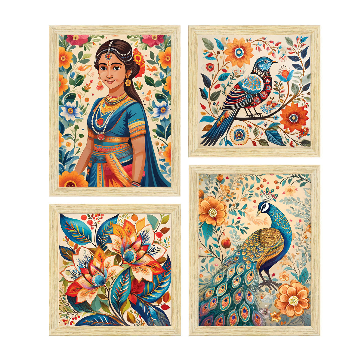Madhubani Art Paintings, Wall Painting for Living Room, Multicolor, Set of 4 ArtX