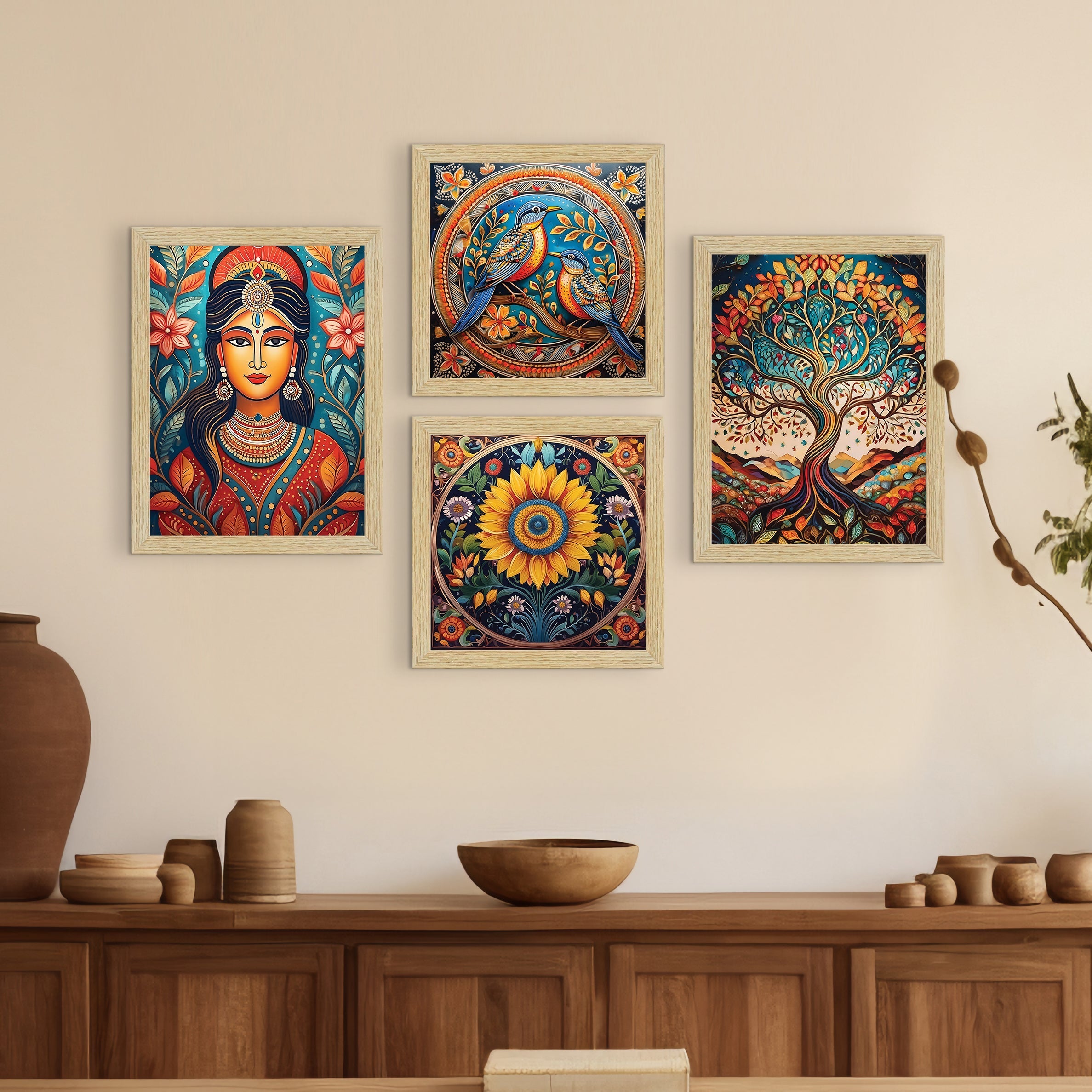 Madhubani Art Paintings with Frame for Home Decor, Wall Painting for Living Room, Multicolor, Set of 4 ArtX