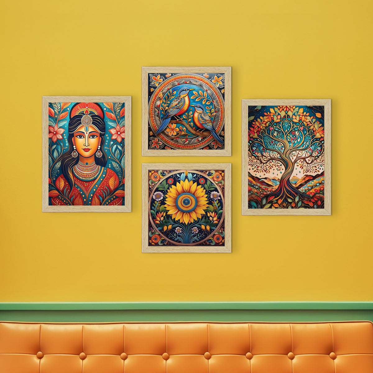 Madhubani Art Paintings with Frame for Home Decor, Wall Painting for Living Room, Multicolor, Set of 4 ArtX