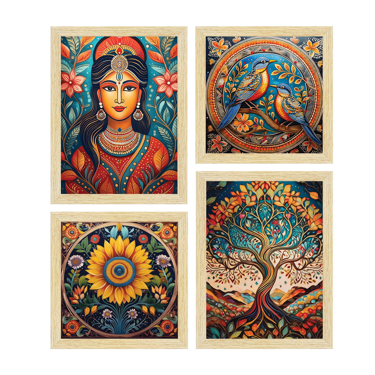 Madhubani Art Paintings with Frame for Home Decor, Wall Painting for Living Room, Multicolor, Set of 4 ArtX