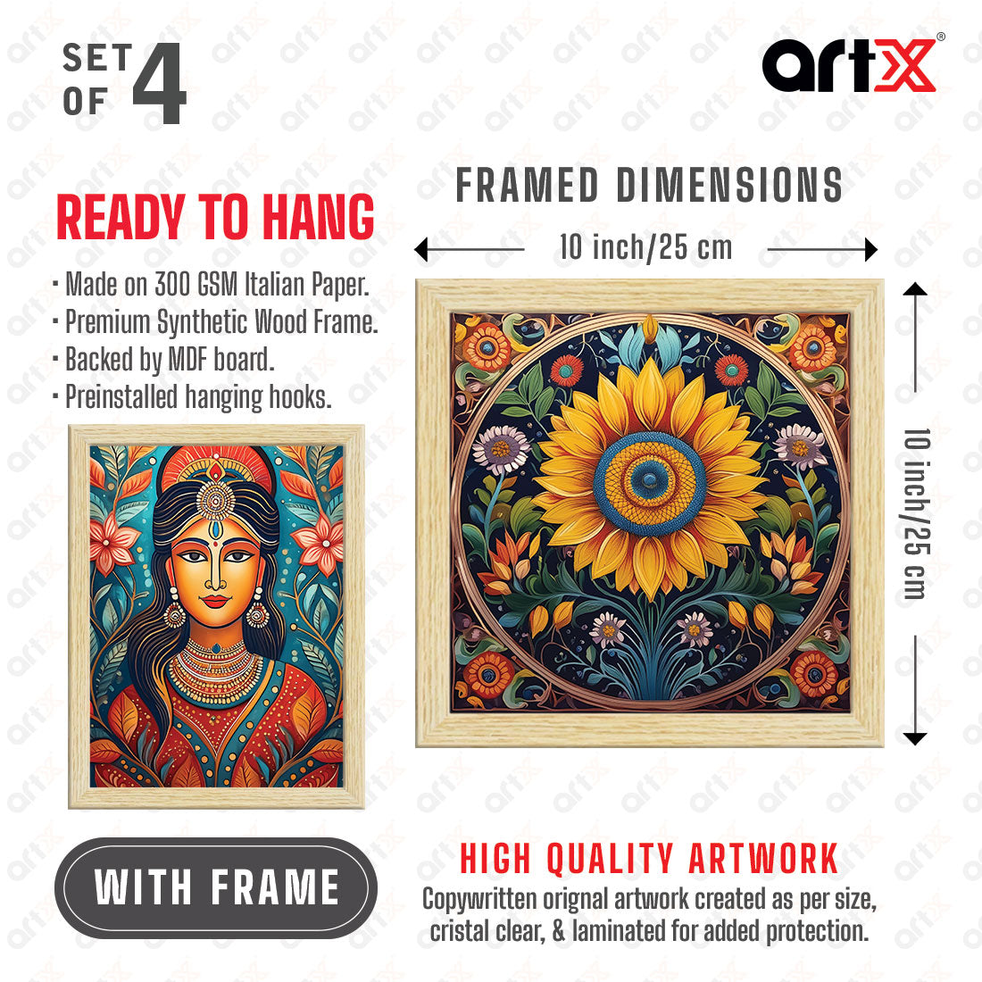 Madhubani Art Paintings with Frame for Home Decor, Wall Painting for Living Room, Multicolor, Set of 4 ArtX