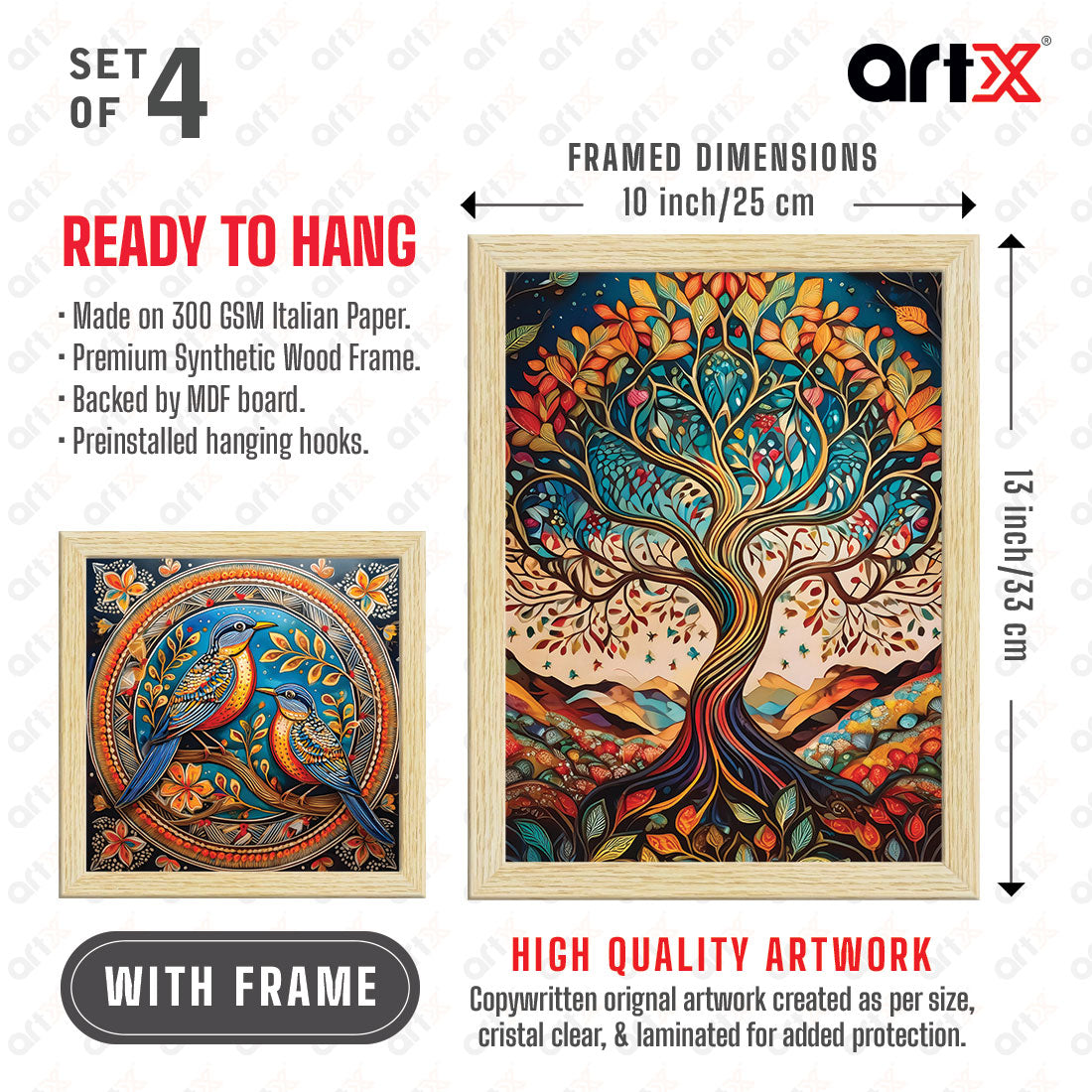 Madhubani Art Paintings with Frame for Home Decor, Wall Painting for Living Room, Multicolor, Set of 4 ArtX