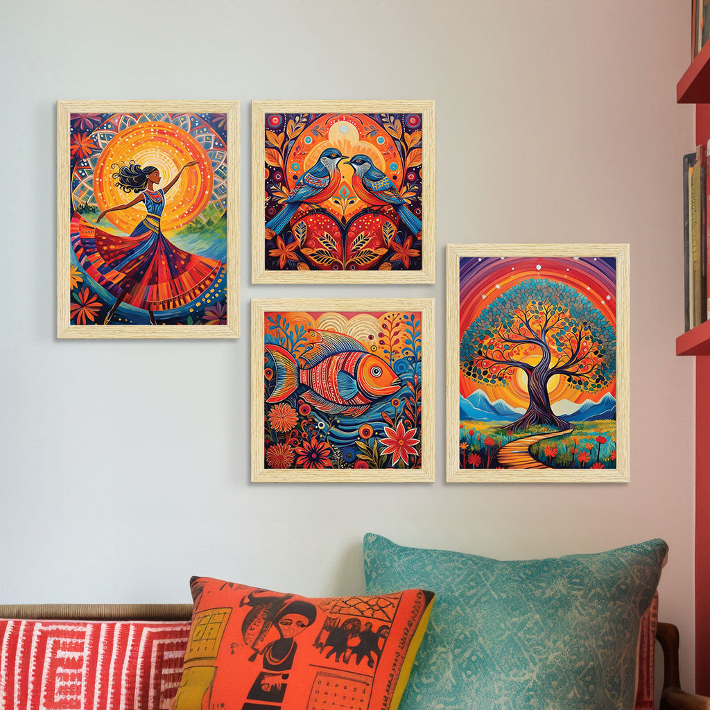 Madhubani Art Paintings, Painting For Wall Living Room, Multicolor, Set of 4 ArtX