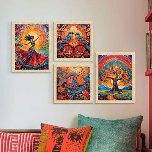 Madhubani Art Paintings, Painting For Wall Living Room, Multicolor, Set of 4