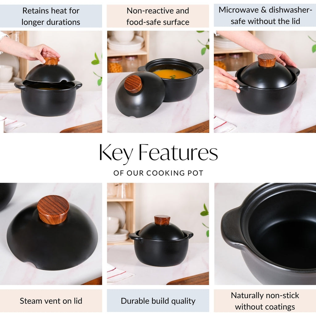 Maison Black Ceramic Clay Pot For Cooking 2200ml Nestasia